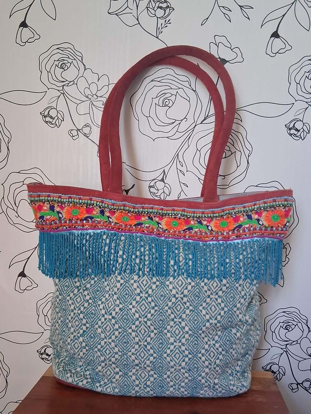 Guadalupe Desing khari printed tote bag in light blue Cotton Canvas Boho